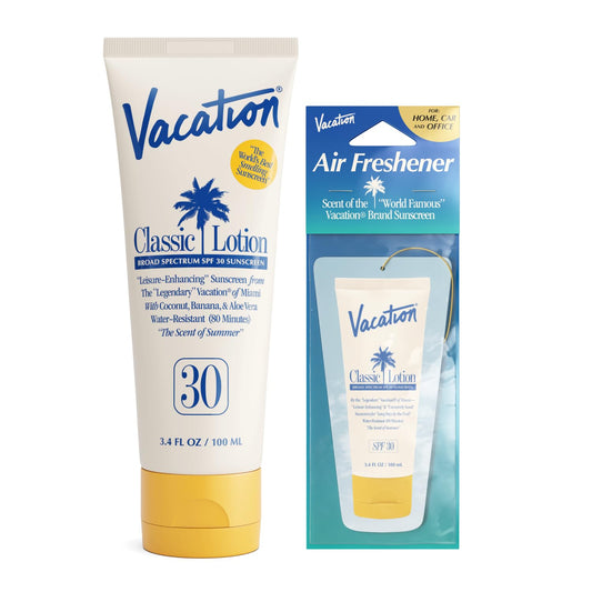 Vacation Classic Sunscreen Lotion SPF 30 & Air Freshener Bundle, Water-Resistant, Lightweight, Transparent on All Skin Tones, Dermatologist-Tested, Vegan, Travel Size, 3.4 Fl. Oz. | alldaygood beauty