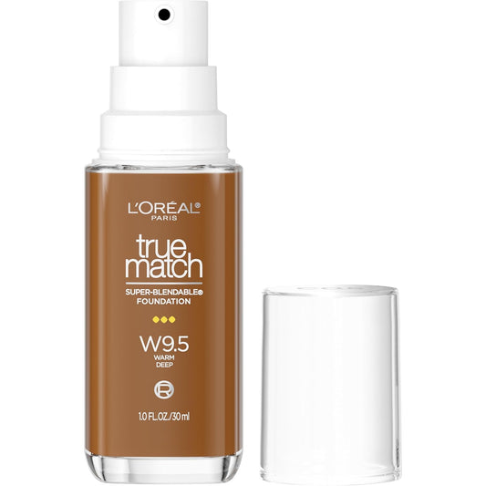 L'Oreal Paris True Match Super-Blendable Foundation, Medium Coverage Liquid Foundation Makeup, W9.5, Deep, 1 Fl Oz | alldaygood beauty