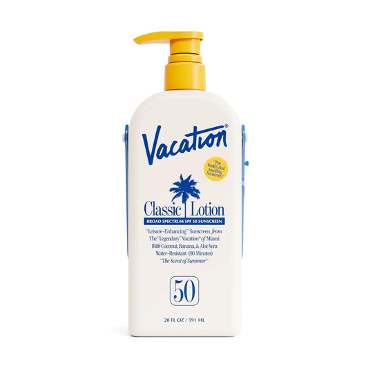 Vacation Classic Lotion SPF 50 Sun Jug, Broad Spectrum Bulk Sunscreen SPF 50, Water Resistant Sunblock, Suntan Lotion with Pump, Vegan, Family-Size, 20 Fl. Oz. | alldaygood beauty
