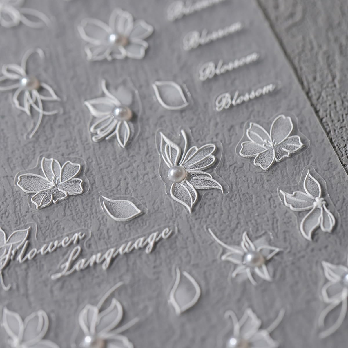 Flower Nail Art Stickers Sparkly White Floral Nail Stickers 5D Embossed Light Style Nail Decals Accessories Pearl Adhesive Slider Nail Art Supplies for Women DIY Decorations