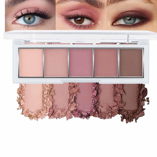 5 Colors Matte Pink Eyeshadow Makeup Palette, Nude Pink Rose Mauve Brown Cocoa Neutral Matte Cream Mini Eye Shadow Palette Makeup for Older Women Blue Green Eye, Blush Contour Palettes sombras de ojos | alldaygood beauty