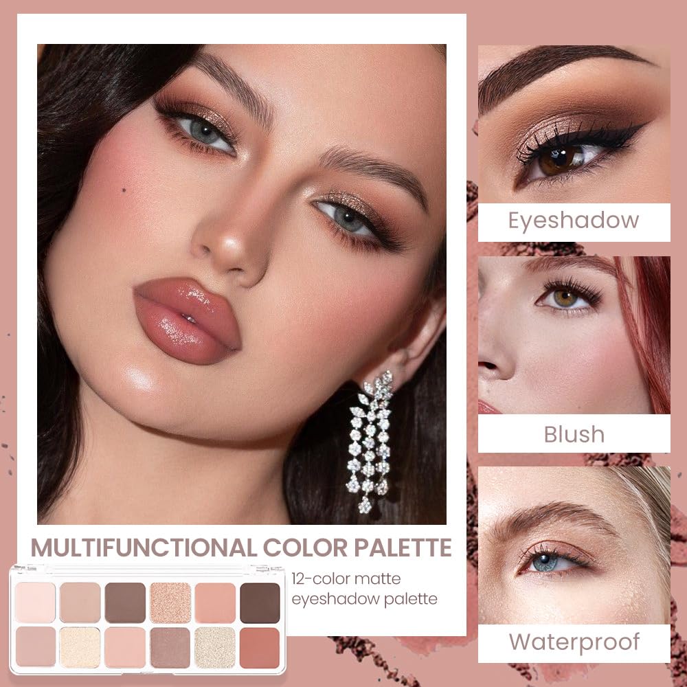 AMY'S DIARY 12 Colors Nude Eyeshadow Palette – Matte & Shimmer Natural Warm Tones for Everyday Makeup – Long-Lasting Blendable Soft Pigment Eye Shadow Set for Brown Eyes