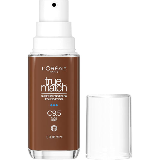 L'Oreal Paris True Match Super-Blendable Foundation, Medium Coverage Liquid Foundation Makeup, C9.5, Deep, 1 Fl Oz | alldaygood beauty