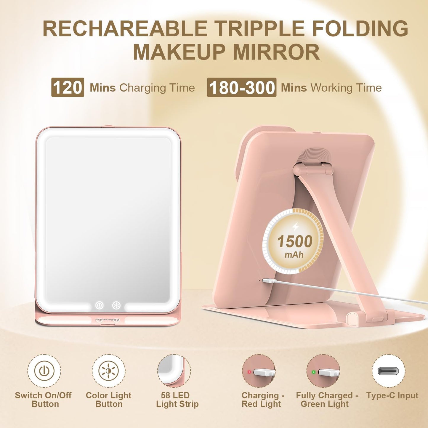 Mocado Travel Makeup Mirror with Light, Tripple Folding Vanity Mirror with Lights, 3 Colors Lighted Makeup Mirror, 1500mAh Rechargeable, Memory Function, Freely Adjust Height and Angle(Pink)