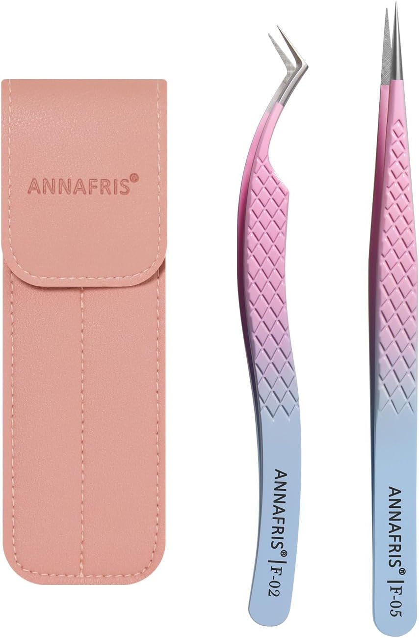 Eyelash Extension Tweezers,Fiber Tip Grip Boot Volume Lash Tweezers,Professional Pointed Lash Extension Tweezers for Easy Lash Application and Removal(2Pcs-F02/05)