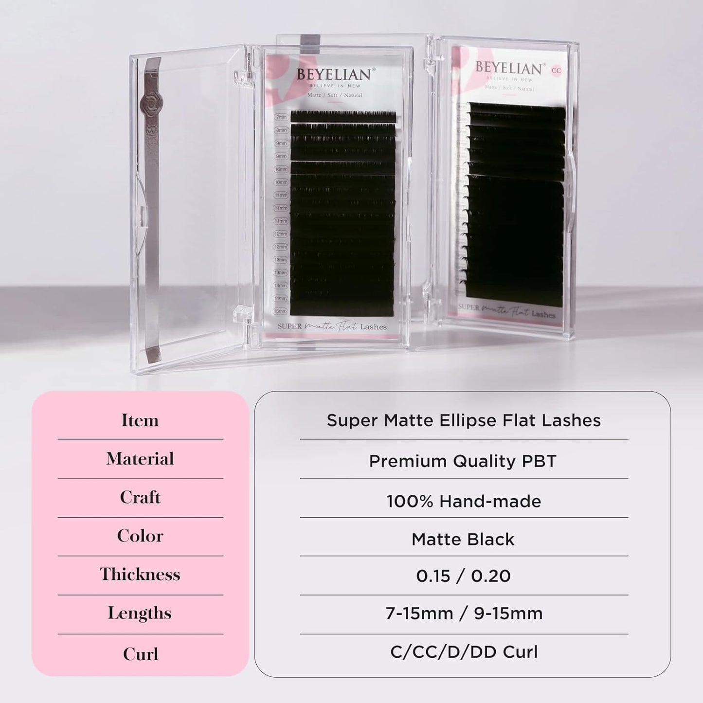 BEYELIAN Flat Eyelash Extension, Ellipse Lash Extensions 0.15 CC Curl 9-15mm 16 Rows Matte Black Eyelash Extension Supplies Classic Lash Extensions Individual Eyelashes Salon Use