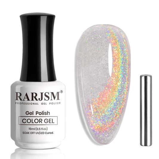 RARJSM Holographic Rainbow Cat Eye Gel Nail Polish with Magnet Stick Clear Silver Iridescent Glitter Sparkle 9D Cat Eye Gel Polish Soak off UV LED Curing Requires Soak Off Home Salon Diy Nail Art | alldaygood beauty