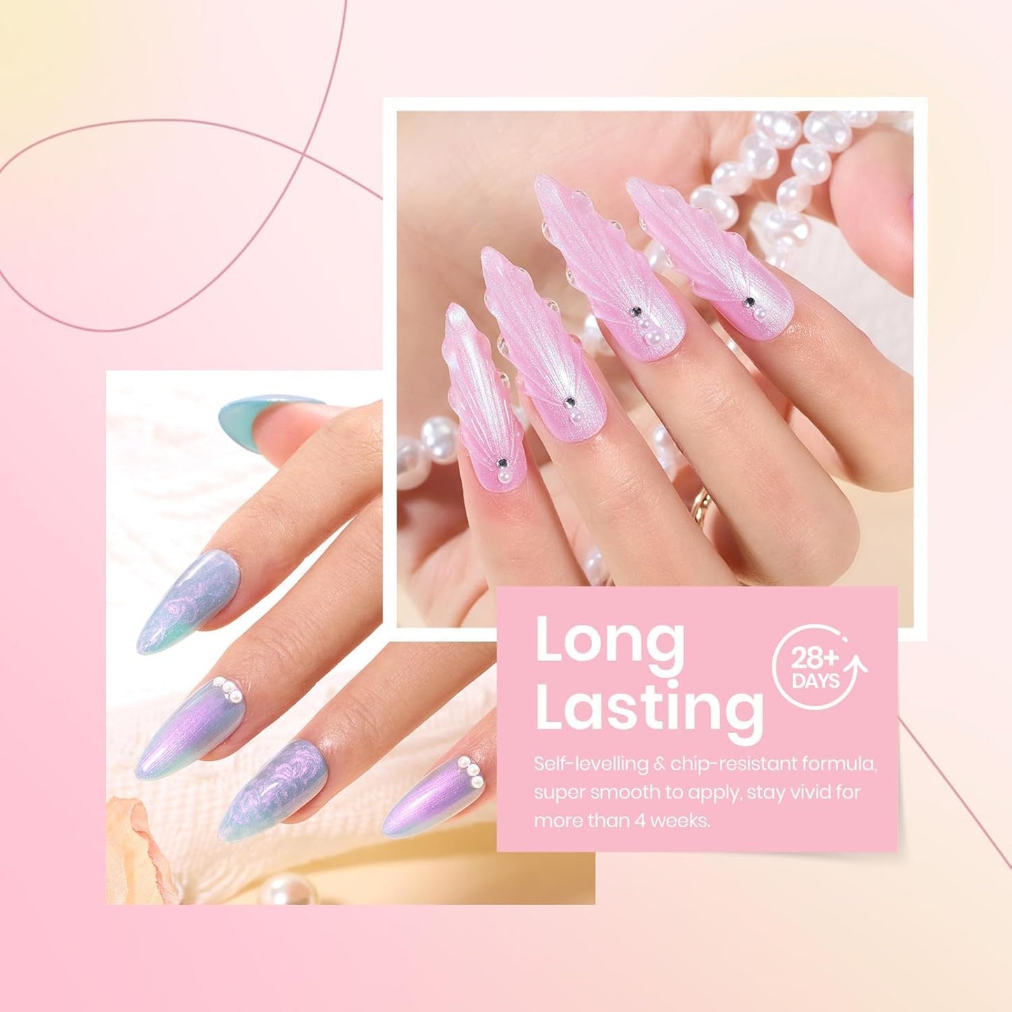 Beetles Pearl Gel Nail Polish, 6 Colors Shimmer Pearl White Pink Purple Mermaid Nail Drawing Gel Polish Soak Off Uv Gel Polish Swirl Shell Thread Effect DIY Manicure Gift for Women