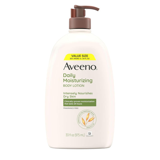 Aveeno Daily Moisturizing Body Lotion with Soothing Prebiotic Oat, Gentle Lotion Nourishes Dry Skin, Paraben-, Dye- & Fragrance-Free, Non-Greasy & Non-Comedogenic, Value Size, 33 fl. oz
