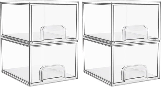 Vtopmart 4 Pack Clear Small Stackable Storage Drawers,Acrylic Bathroom Makeup Organizer,Plastic Storage Bins For Vanity, Undersink, Kitchen Cabinets, Pantry, Home Organization