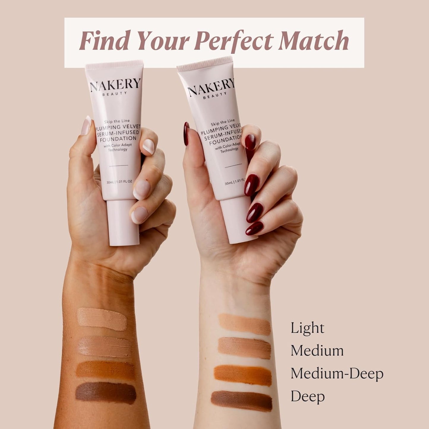 Nakery Full Coverage Foundation for Women - 5 in 1 Plumping Liquid Foundation Makeup - Serum Infused Makeup Foundation Smart Color Adapt with Niacinamide & Hyaluronic Acid for All Skin Types - Deep