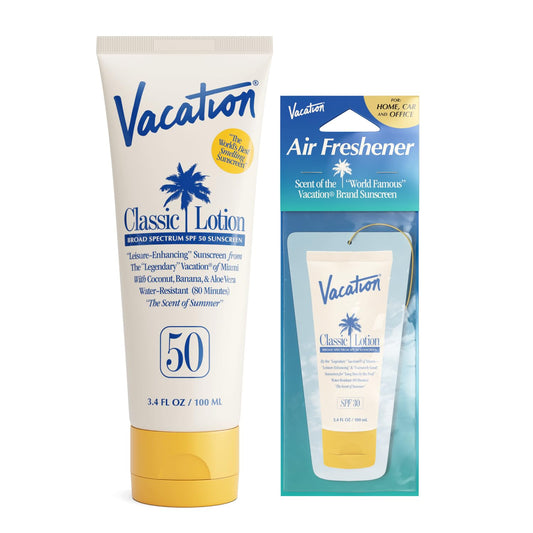 Vacation Classic Sunscreen Lotion SPF 50 & Air Freshener Bundle, Water-Resistant, Lightweight, Transparent on All Skin Tones, Dermatologist-Tested, Vegan, Travel Size, 3.4 Fl. Oz. | alldaygood beauty
