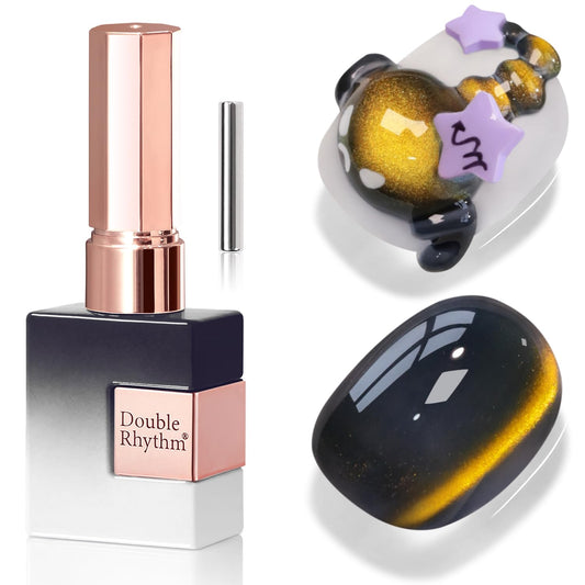 Double Rhythm Jelly Glass Cat Eye Gel Polish with Magnet 15ML Holographic Glitter Shimmer Translucent Sheer Color Magnetic Nail Polish Salon DIY at Home (Golden Black-MC1256) | alldaygood beauty