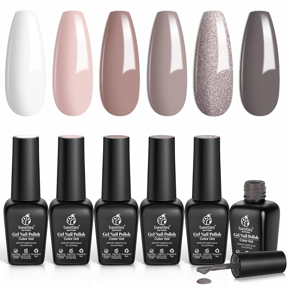 Beetles Nude Gray Gel Nail Polish Set, 6 Colors Nude Neutral Gel Polish Pink White Beige Grey Gel Polish Brown Taupe Gel Nail Polish Elegant Nail Art Manicure Kit Gifts for Women