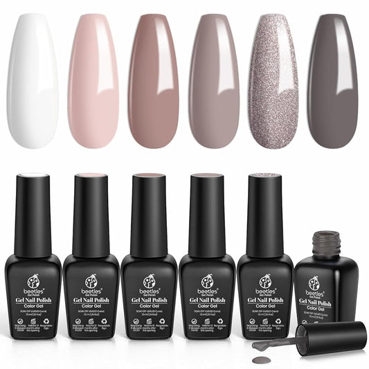 Beetles Nude Gray Gel Nail Polish Set, 6 Colors Nude Neutral Gel Polish Pink White Beige Grey Gel Polish Brown Taupe Gel Nail Polish Elegant Nail Art Manicure Kit Gifts for Women | alldaygood beauty