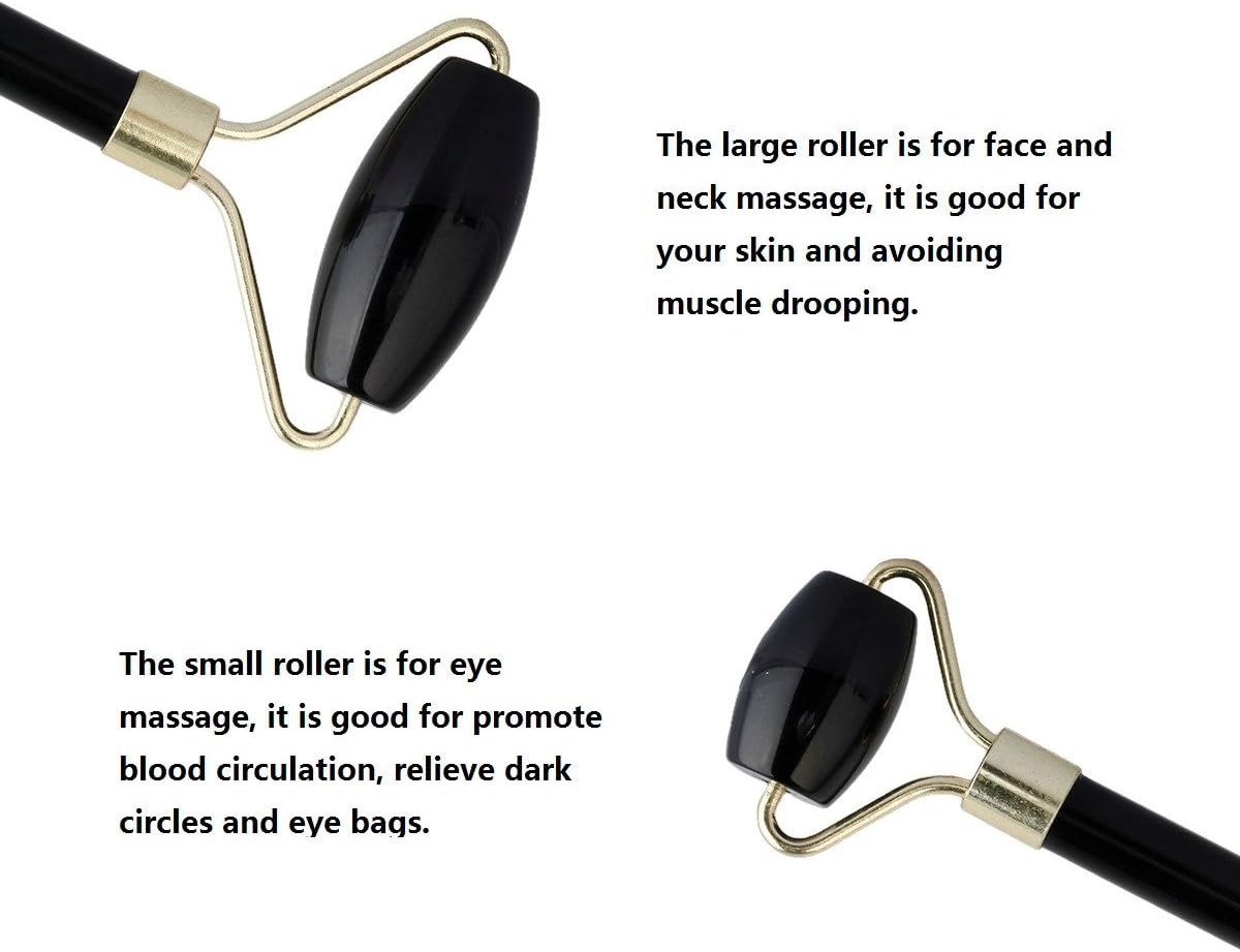 mookaitedecor Obsidian Roller & Rose Quartz Gua Sha Scraping Massage Tool Set, Face Massager for Wrinkles, Anti Aging
