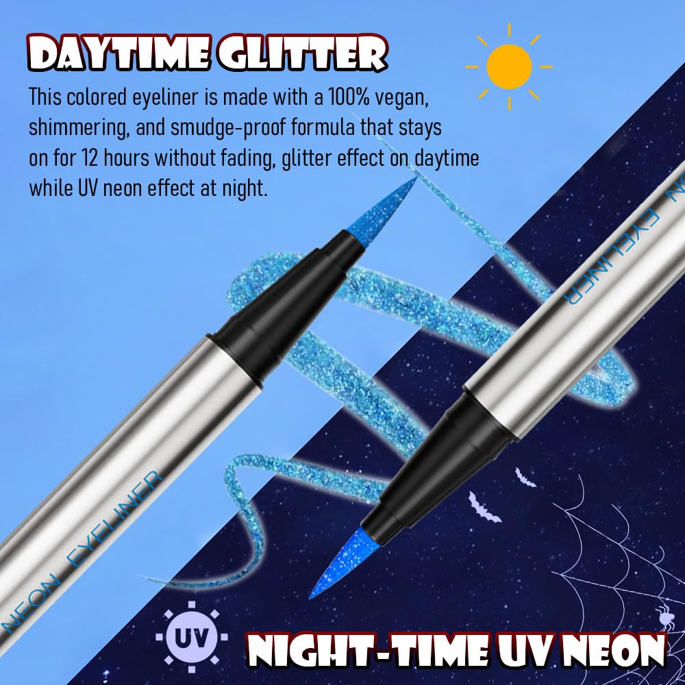 evpct Blue Shimmer Eyeliner UV Neon Gel Eyeliner Pencil Makeup, Rainbow Halloween Colored Colorful Gel Eye Liner Pen Glow in Dark Makeup, Long Lasting Waterproof Eyeliners for Face Body Painting