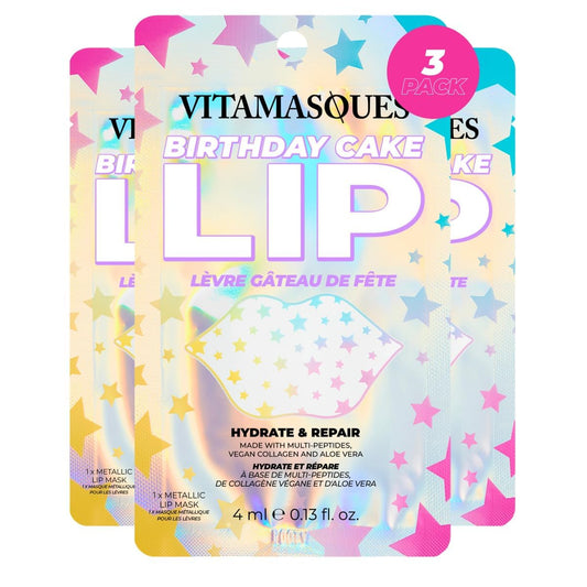 Vitamasques Lip Mask, 3-Pack -Birthday Cake Collagen Lip Mask Sheets, Repair for Dry & Chapped Lips - Nourishing & Hydrating - Vegan & Cruelty-Free Korean Skin Care | alldaygood beauty