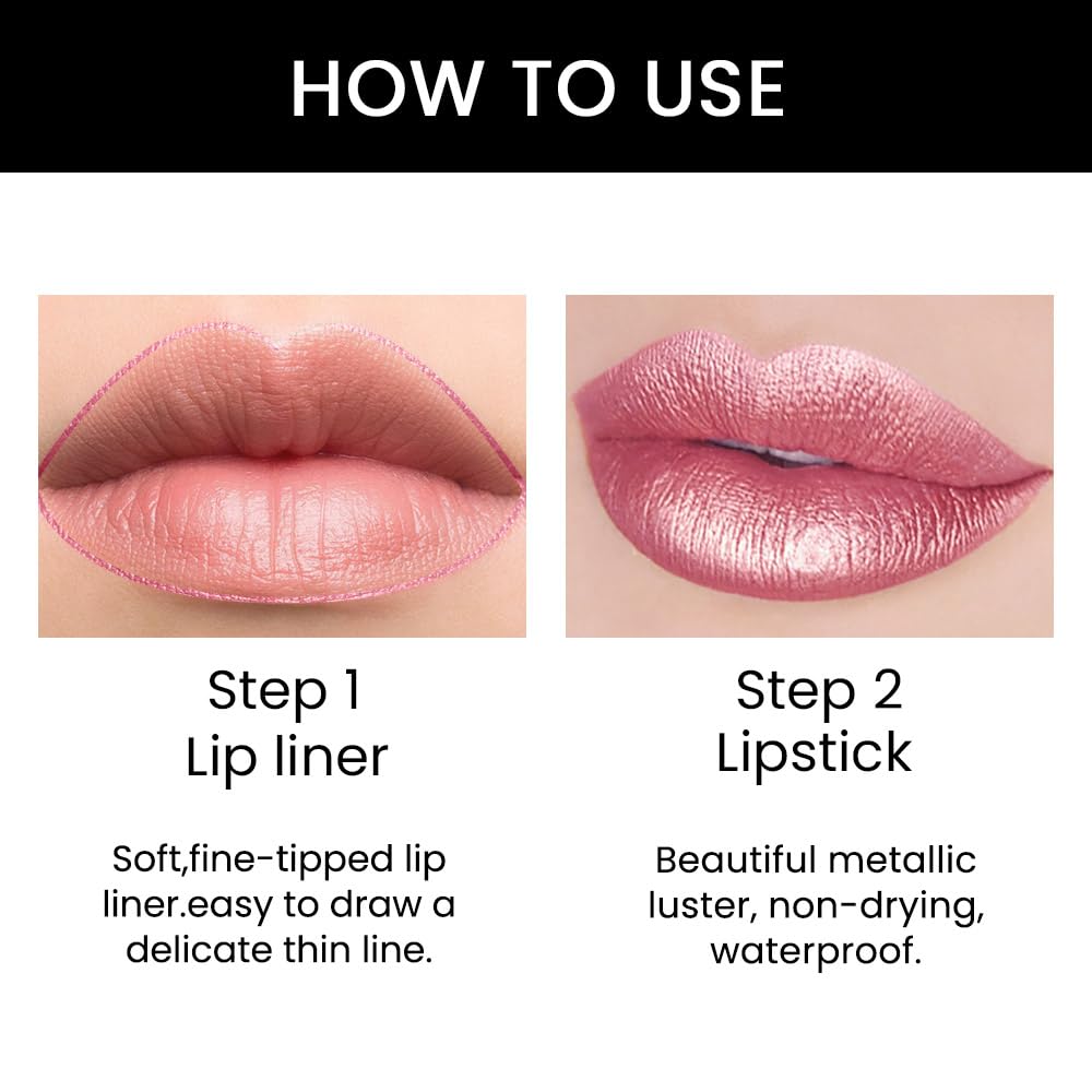 evpct 3Pcs Light Pink Nude Brown Metallic Shine Shimmer Lip Liner and Lipstick Combo Set Kit for Women, Lightweight Hydrating Formula High Impact Full Coverage Lipstick and Lip Liner Makeup Gloss