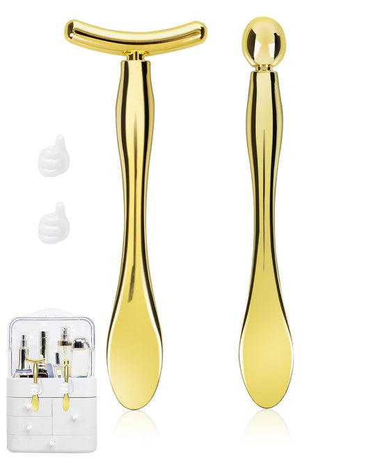 Eye Cream Applicator with Holder, 2PCS Metal Under Eye Roller Wand Stick for Puffy Eyes Puffiness Wrinkle, Eye Cream Applicator Tool Facial Massage, Eye Massager Tool Gift for Women Gold