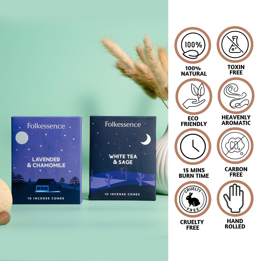 Folkulture Incense Cones Scented | Set of 2 Inscents-Cones (20 Cones) | Lavender, White Tea, Sage & Chamomile | Variety Pack Insence Cone for Relaxation and Meditation