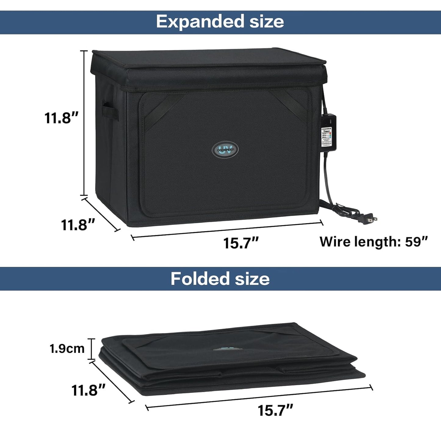 Large UVC Sanitizer Box Ozone Free, Foldable Cleaner Bag with Timer, 36L/9.5gal UV Light Bulb Black Tote for Shoes, Cell Phone, Baby Bottle, Key, Towel