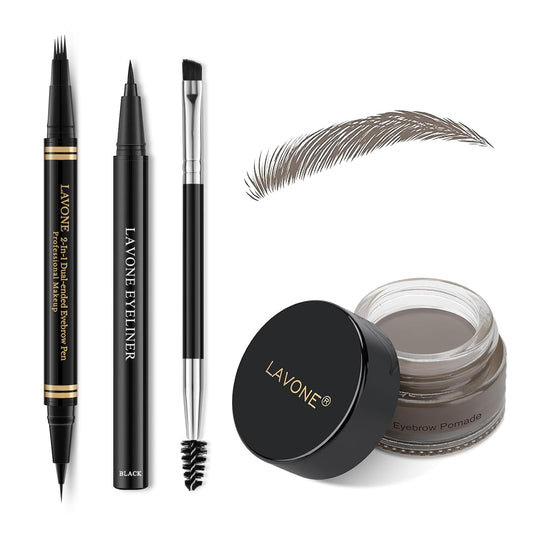 Makeup Kit with 4 Tip Waterproof Microblading Eyebrow Pencil, Eyeliner, Pomade and Dual-ended Brush, Brow Pencil Kit for Natural Looking - Grey