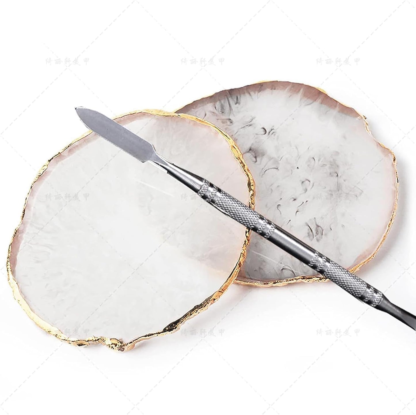 2 Pcs Resin Nail Palette Nail Polish Palette Nail Art Palette with Stainless Stirring Rod (Gray and Blue)