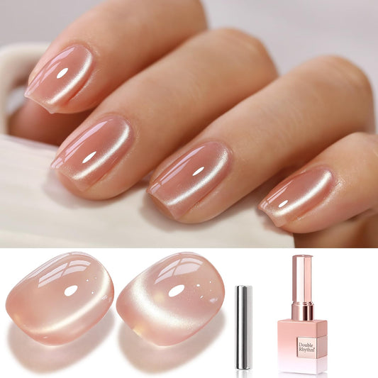 Double Rhythm 0.5 Oz Cat Eye Gel Polish with Magnet Same Color Same Bottle Holographic Glitter Shimmer Translucent Color Salon 15 ML Magnetic Nail Art (Apricot Nude-MC1166) | alldaygood beauty