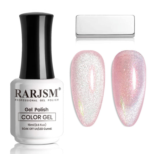 RARJSM Aurora Cat Eye Gel Nail Polish Velvet Silver Glitter Champagne Pink Galaxy Star Cloud Ice Gel Polish with Magnet Stick Single Bottle 15ml UV LED Curing Requires Soak Off Home Salon | alldaygood beauty