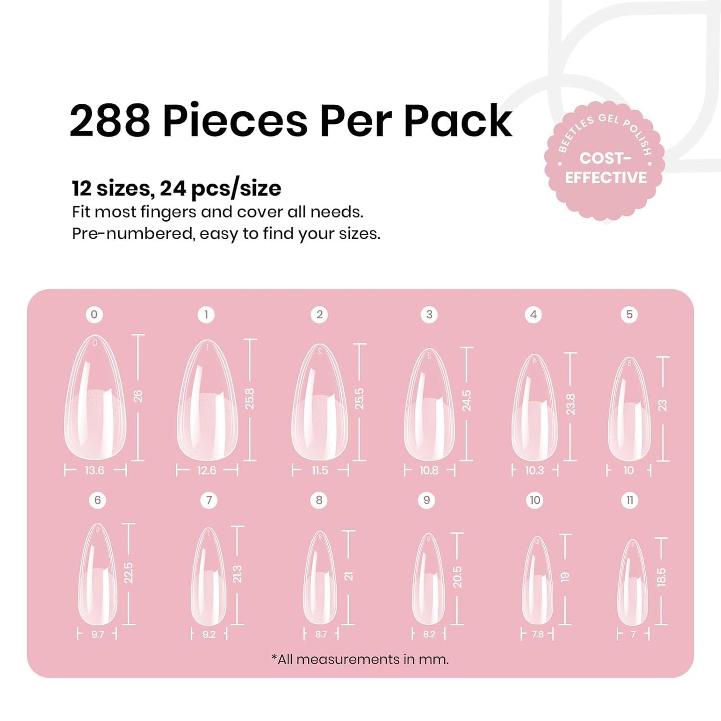 Beetles Gel Nail Tips Medium Almond Etch X Nail Tips, 12 Sizes 288 PCS Half Matte Full Cover False Nails Clear Acrylic Nails Glue on Nails DIY Gift for Women