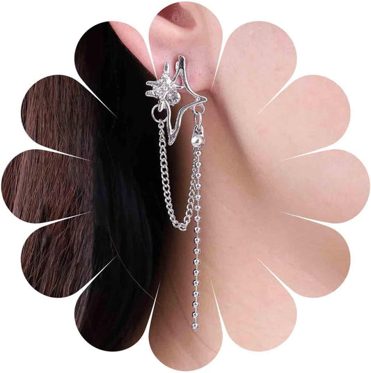 Vintage Crystal Northstar+Chain Drop Earrings Silver Tassel Chain Earrings Rhinestone Northstar Stud Earrings Long Beaded Chain Tassel Earrings Jewelry for Women