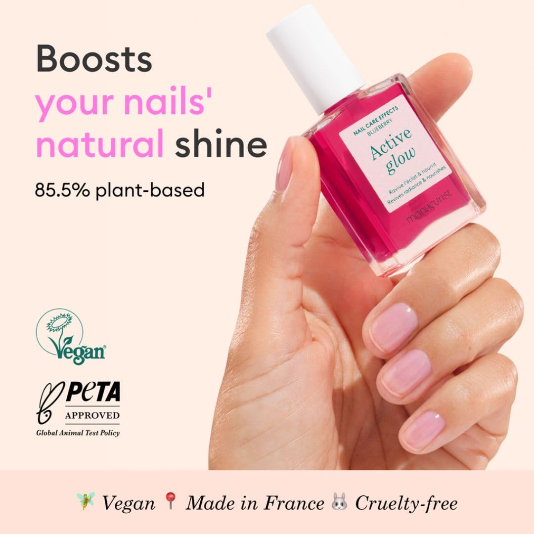 Manucurist Active Glow Blueberry All-in-One Perfecter Nail Polish & Care - No Lamp - Vegan & Made in France Ultra-Glowy Rose Mirror-Like Shine - Nail Concealer & Care - Plant-Based Ingredients