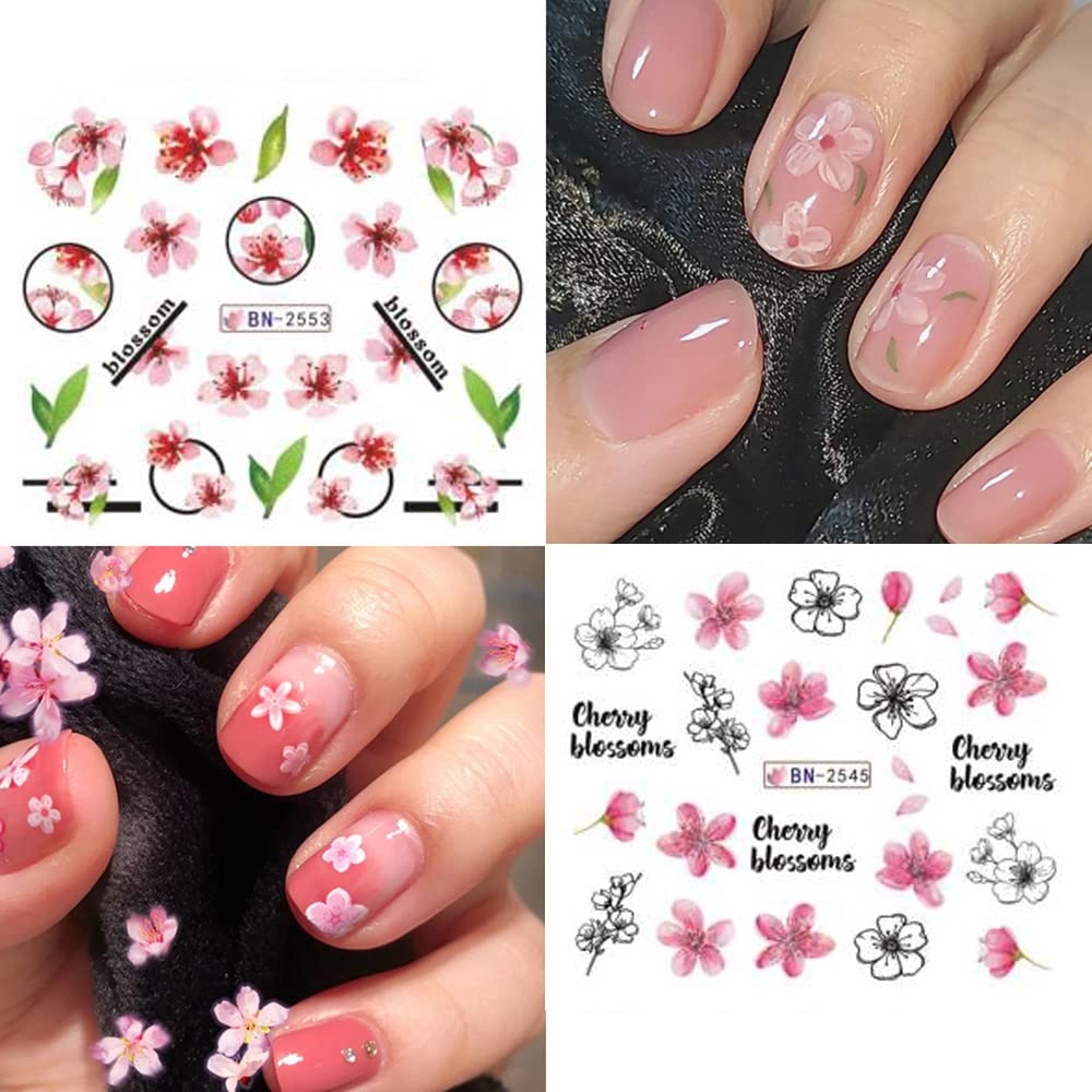 Cherry Blossom Nail Art Stickers - Pink Sakura Water Transfer Foils Decals, Spring Flower Supplies Wrap, Holographic Floral Pattern Acrylic Stickers for Women - 12 Sheets