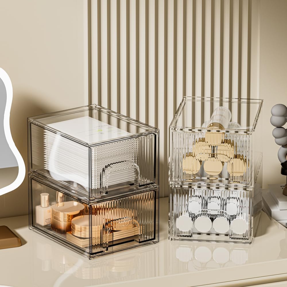 ZHIAI 4 Pack Clear Stackable Storage Drawer, Acrylic Drawer, Cosmetic Organizer, Plastic Organizer for Dresser, Under, Kitchen Cabinet, Pantry, Home Organization and Storage
