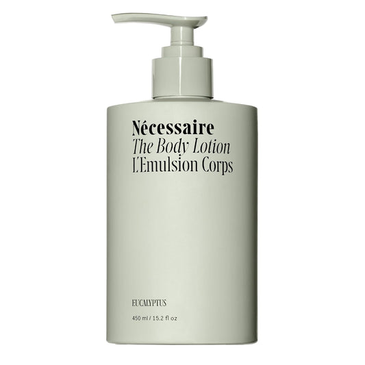Nécessaire The Body Lotion with Pump. Eucalpytus. Multi-Peptide Firming Lotion to Moisturize, Firm, Strengthen. 2.5% Niacinamide, Vitamin C/E + Omega 6/9. 450ml / 15.2 fl oz | alldaygood beauty