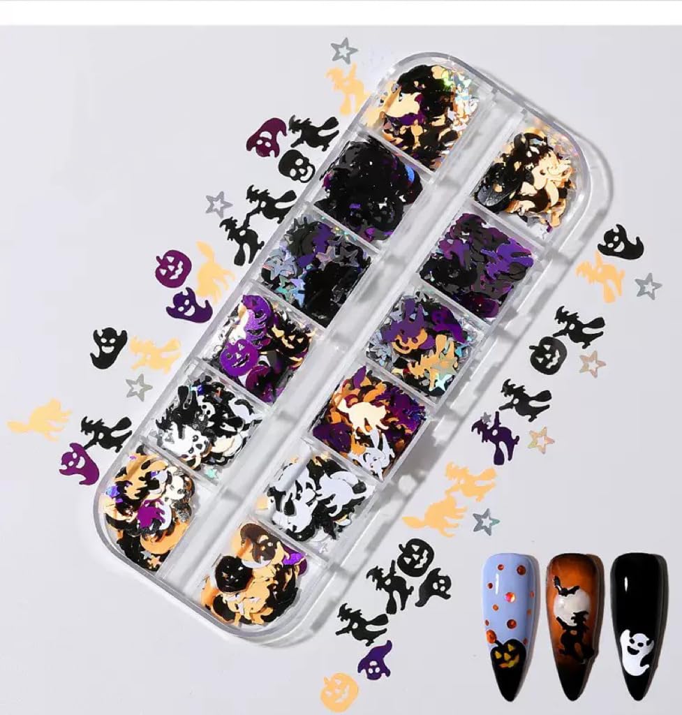 3 Boxes Halloween Nail Art Sequins 3D Holographic Pumpkin Face Spider Ghost Skull Halloween Nail Glitter Sequins Nail Art Supplies Decorations for Women 36 Styles