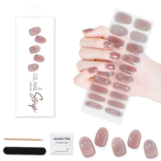 WOKOTO 1 Sheet Semi Cured Gel Nail Strips With Wood Stick, Nail File & Prepared Pads, 20 Tips Light Pink With Glitter Semi Cured Nail Polish Strips, Harden With UV Light Gel Nail Stickers For Women | alldaygood beauty