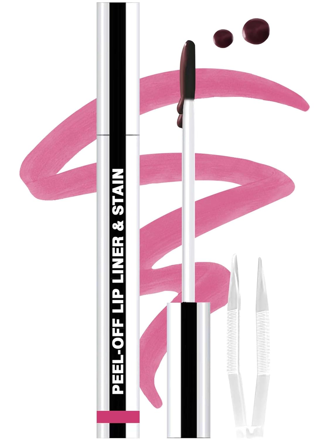 Lip Stain Peel Off Lip Liner Stain with Tweezer, Long Lasting Matte Lip Tint Tattoo, Highly Pigmented Color Lip Makeup, Waterproof Lipstick, Transfer-proof Lipstain for Women, Neon Rose