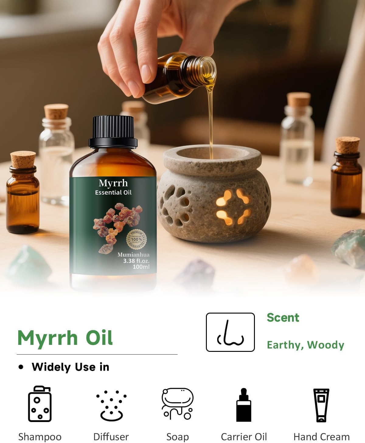 Pure Myrrh Essential Oil, Mumianhua Therapeutic Grade Natural Myrrh Oil for Skin Care, Aromatherapy, Beard Care, Earthy Candle Making, Cleaning Blends & Home Purifier 3.38 Fl Oz
