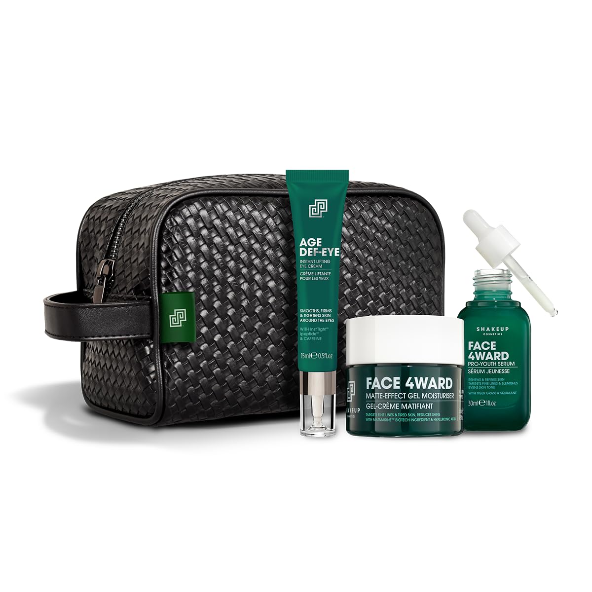 Shakeup - 4-Piece Mens Anti-Aging Gift Set, Age Def-Eye Lifting Eye Cream, Pro-Youth Serum, Matte-Effect Moisturiser, Plus Wash Bag