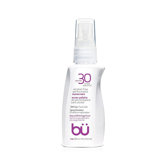 BU SPF 30 Sunscreen Spray for Face and Body, Non Aerosol Spray, TSA Travel Size Sunblock, Clear, Non Greasy, Water Resistant, White Sage 1 oz | alldaygood beauty