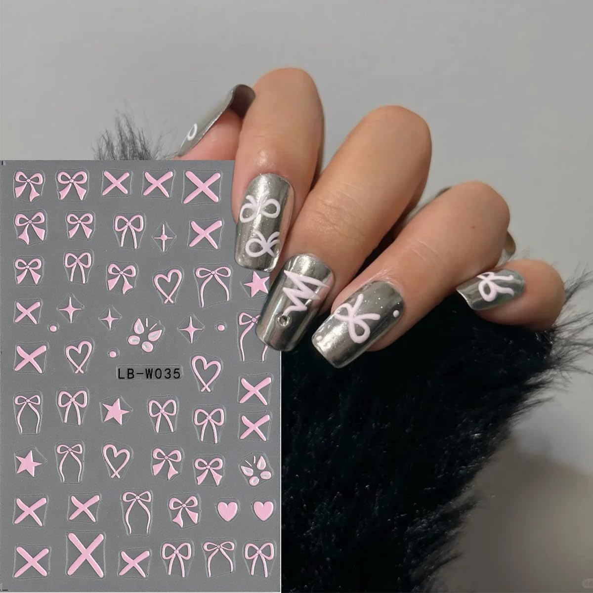 5D Embossed Bow Nail Stickers, 5 Sheets Self-Adhesive Pink White Ribbons Nail Decals, Valentines' Day Nail Art, Heart Nail Charms, Cute Cartoon Pop Art Stickers, Pegatinas para Uñas