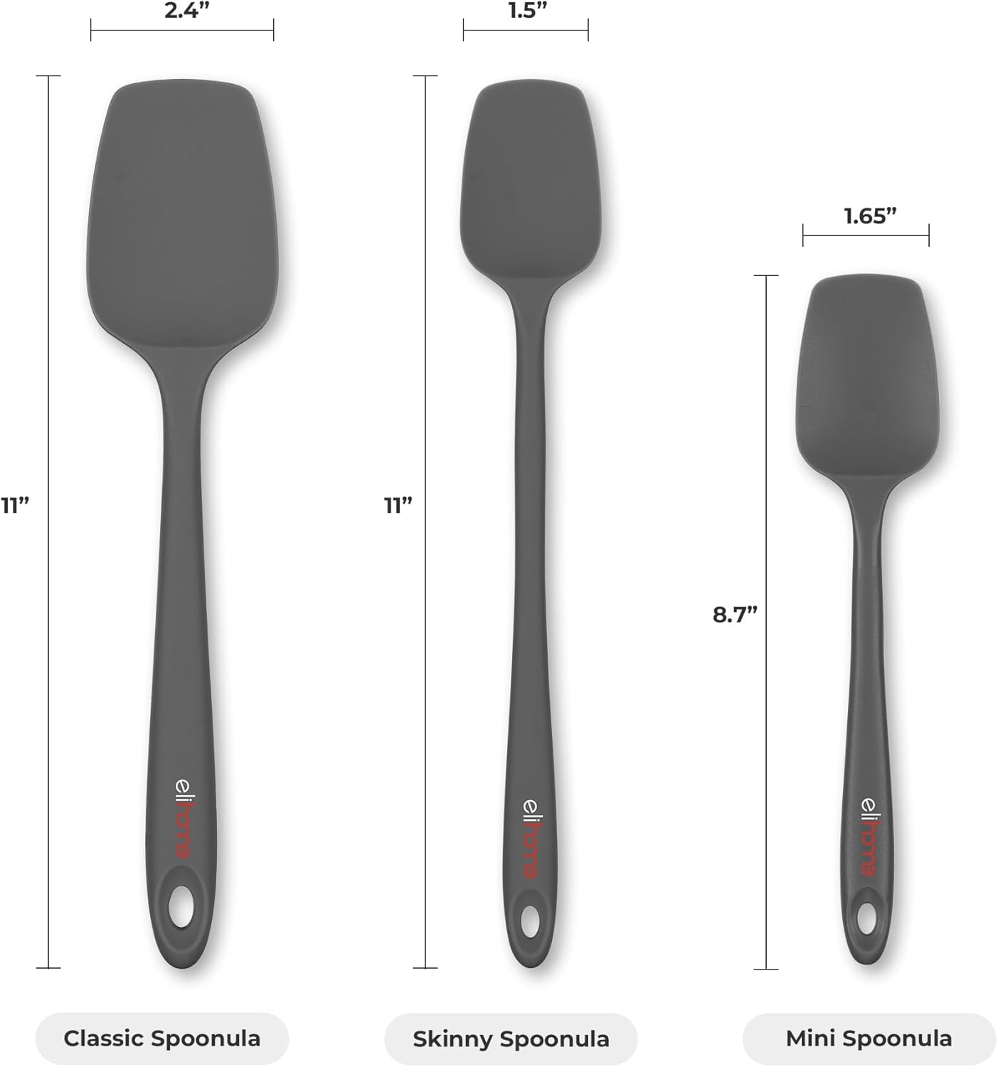 Elihome Skinny Silicone Spoonula - Non-Stick Heat Resistant Silicone Scraper Spatula for Mixing, Serving, Scraping, Stirring, and More - 11 Inch, Dark Grey