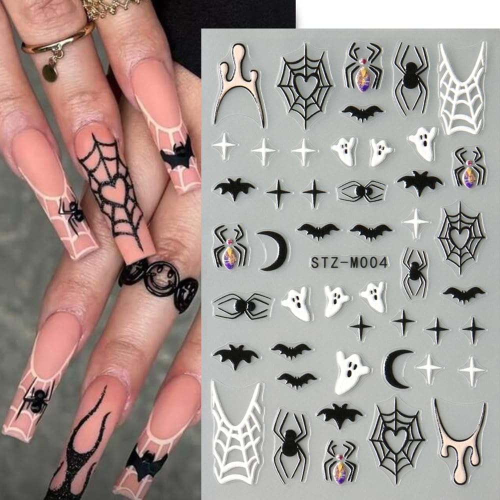 3 Sheet Halloween Nail Stickers Ghost Bat Spider Nail Decals 3D Self-Adhesive Spider Web Spooky Bat Spider Nail Art Stickers Design Gothic Nail Art Supplies for Holiday Acrylic DIY Nail Decoration
