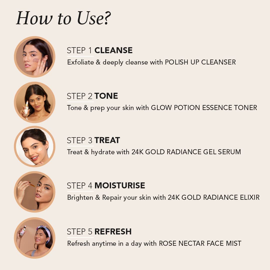Quick Glow Kit, Hydrating Essence Toner, Exfoliating Face Cleanser, 24K Gold Face Elixir, Face Gel Serum, Face & Body Toner | Smoothens & Softens Skin, Deep Cleanser | Set of 5 - RAS LUXURY OILS