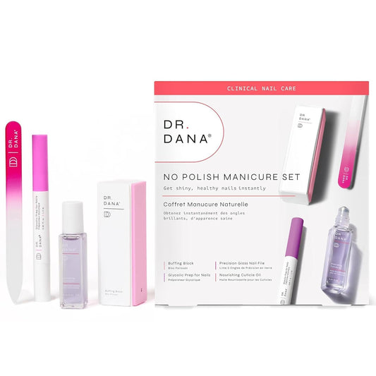 Dr. Dana No Polish Manicure Set - Shine and Strengthen Your Nails with Natural Glycolic Serum, Cuticle Oil, Nail Buffer Block, and Glass Nail File, Nail Care Kit for Healthy Nails, Halal Certified | alldaygood beauty