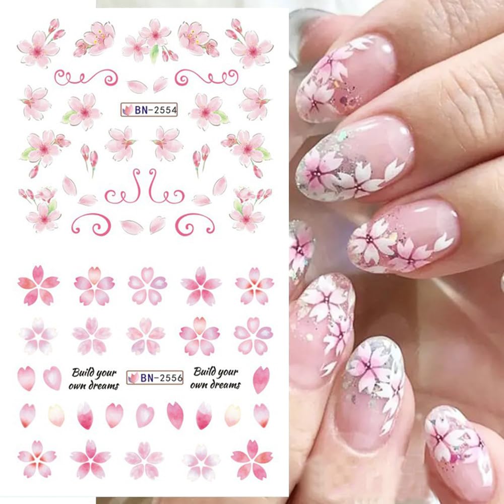 Cherry Blossom Nail Art Stickers - Pink Sakura Water Transfer Foils Decals, Spring Flower Supplies Wrap, Holographic Floral Pattern Acrylic Stickers for Women - 12 Sheets