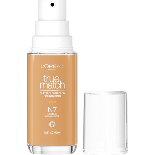 L'Oreal Paris True Match Super-Blendable Foundation, Medium Coverage Liquid Foundation Makeup, N7, Medium Deep, 1 Fl Oz | alldaygood beauty