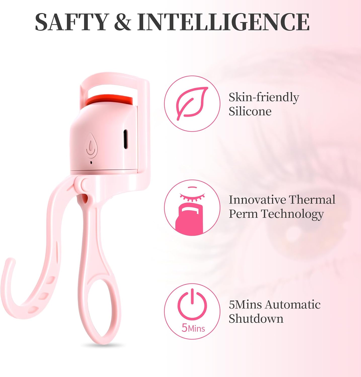 Heated Eyelash Curler, Rechargeable Electric Eyelash Curlers Fast Heat Up in 5s for 24 Hours Long Lasting, C-Shaped Safe Anti-Burn Quick Natural Eyelash Separator Tool Lash Comb (Pink)